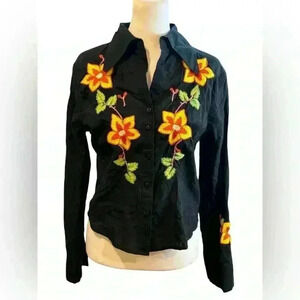 Razzle Dazzle Shirt Long Sleeve Floral Embroidered Button Up Black Womens Medium